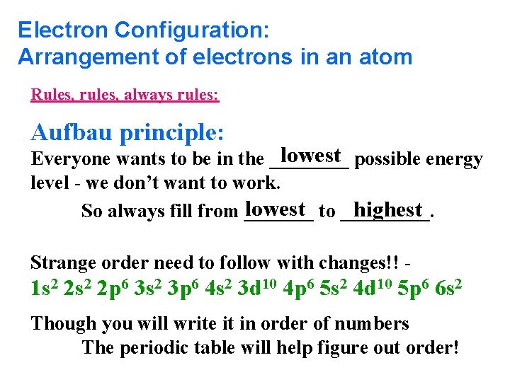 Electron Configuration: Arrangement of electrons in an atom Rules, rules, always rules: Aufbau principle: