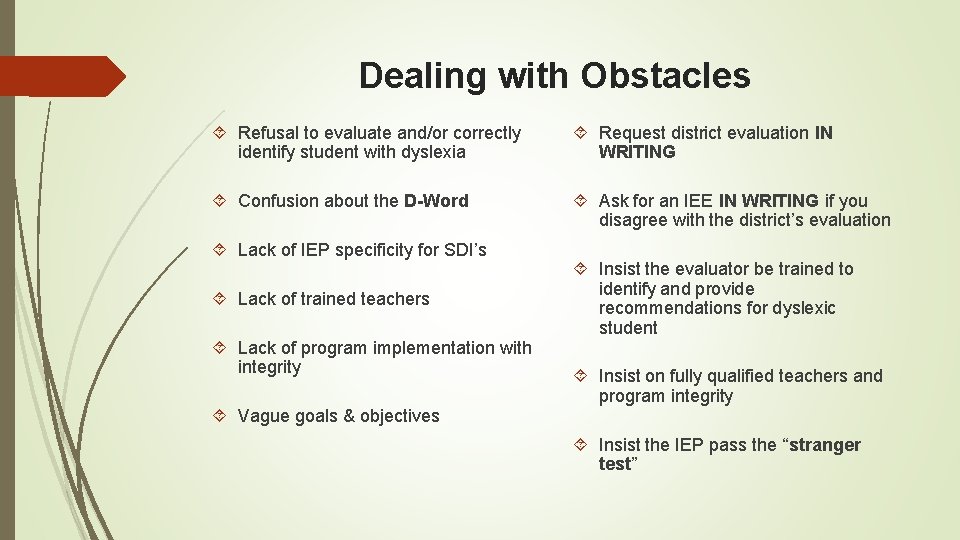 Dealing with Obstacles Refusal to evaluate and/or correctly identify student with dyslexia Request district Dealing with Obstacles Refusal to evaluate and/or correctly identify student with dyslexia Request district