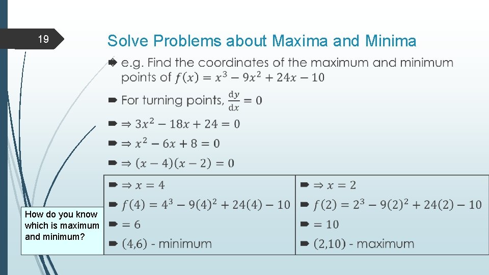 19 Solve Problems about Maxima and Minima How do you know which is maximum