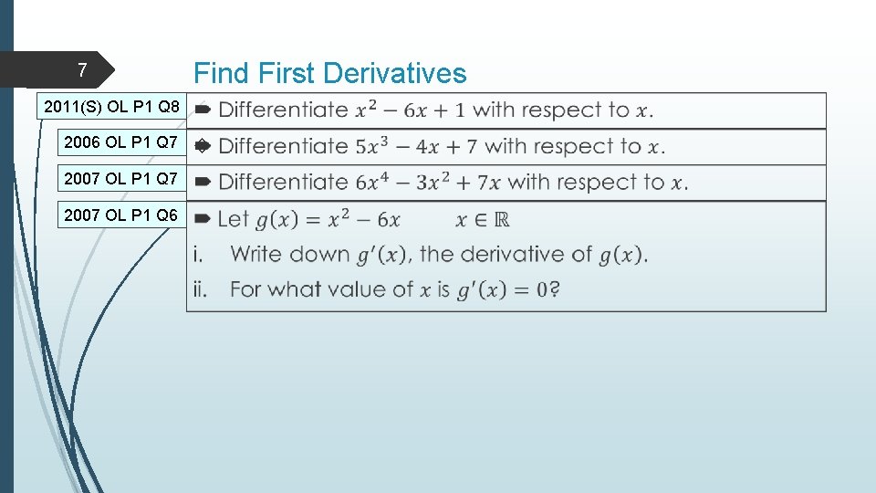 7 Find First Derivatives 2011(S) OL P 1 Q 8 2006 OL P 1