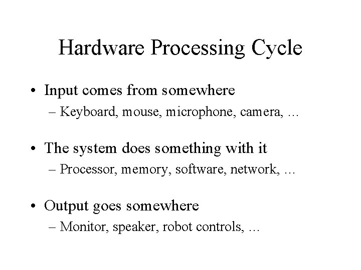 Hardware Processing Cycle • Input comes from somewhere – Keyboard, mouse, microphone, camera, …