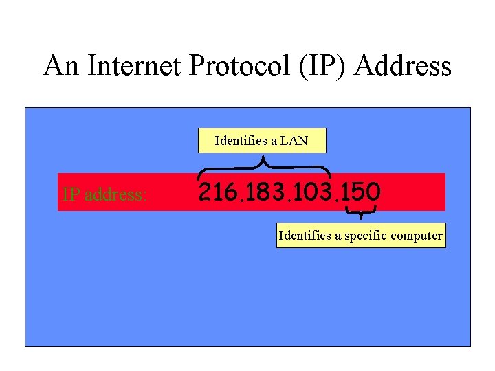 An Internet Protocol (IP) Address Identifies a LAN IP address: 216. 183. 103. 150