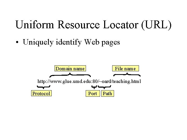 Uniform Resource Locator (URL) • Uniquely identify Web pages Domain name File name http: