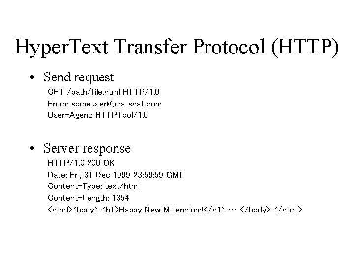 Hyper. Text Transfer Protocol (HTTP) • Send request GET /path/file. html HTTP/1. 0 From: