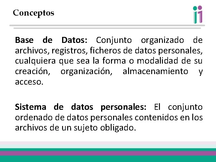 Conceptos Base de Datos: Conjunto organizado de archivos, registros, ficheros de datos personales, cualquiera