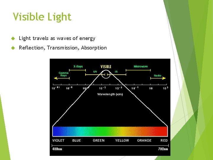 Visible Light travels as waves of energy Reflection, Transmission, Absorption 