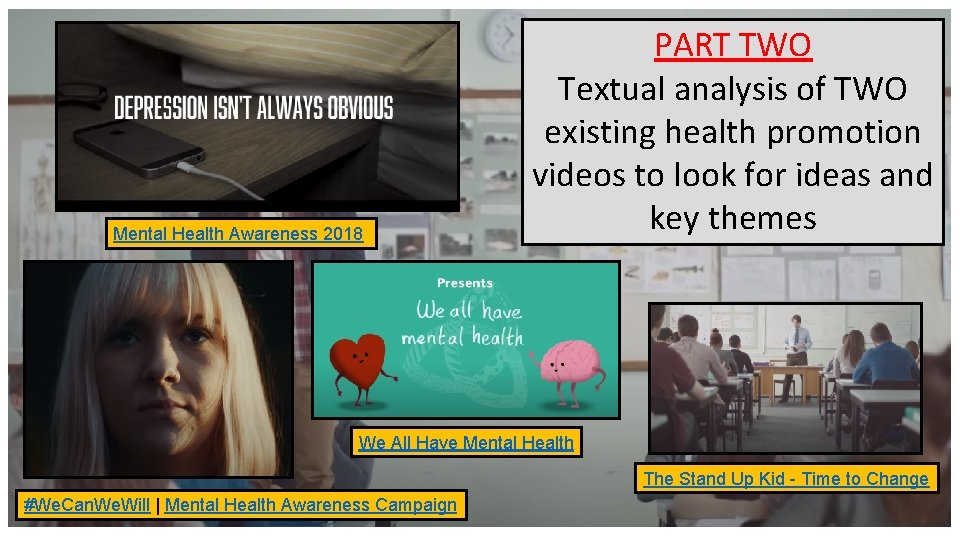 Mental Health Awareness 2018 PART TWO Textual analysis of TWO existing health promotion videos