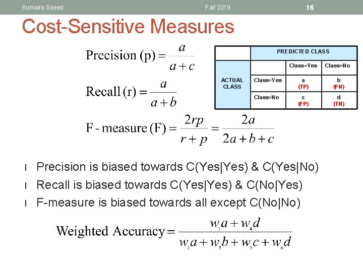 Sumaira Saeed 16 Fall 2019 Cost-Sensitive Measures PREDICTED CLASS ACTUAL CLASS l l l