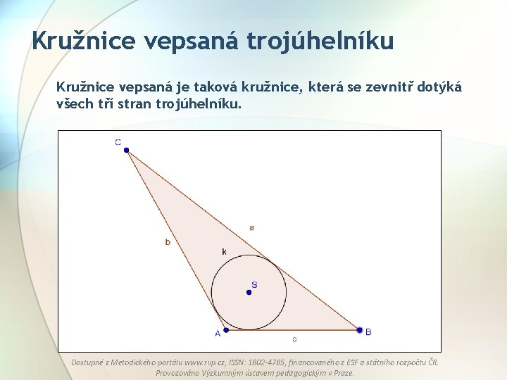 Kružnice vepsaná trojúhelníku Kružnice vepsaná je taková kružnice, která se zevnitř dotýká všech tří