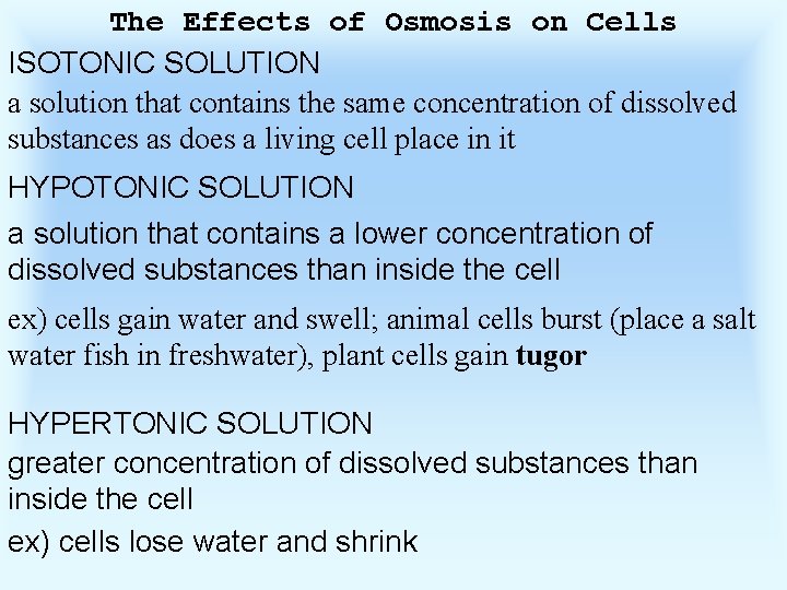 The Effects of Osmosis on Cells ISOTONIC SOLUTION a solution that contains the same