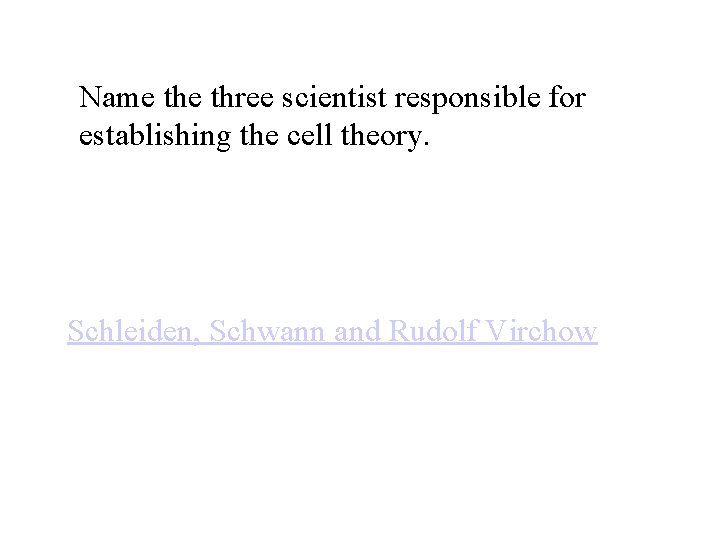 Name three scientist responsible for establishing the cell theory. Schleiden, Schwann and Rudolf Virchow
