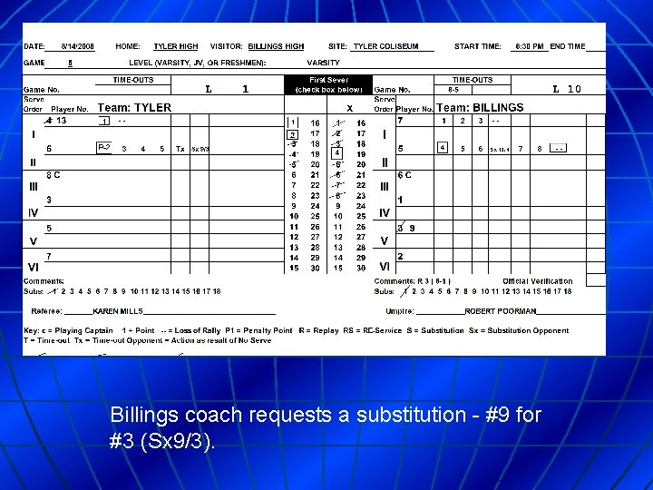 Billings coach requests a substitution - #9 for #3 (Sx 9/3). 