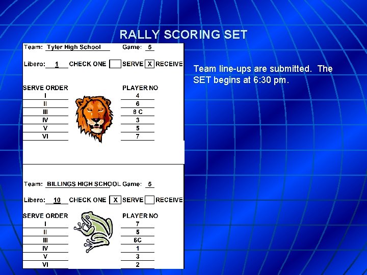 RALLY SCORING SET Team line-ups are submitted. The SET begins at 6: 30 pm.
