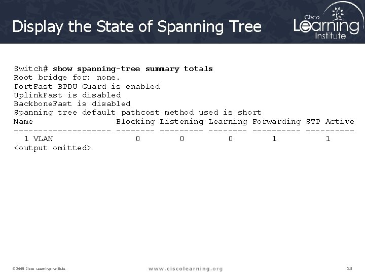 Display the State of Spanning Tree Switch# show spanning-tree summary totals Root bridge for: