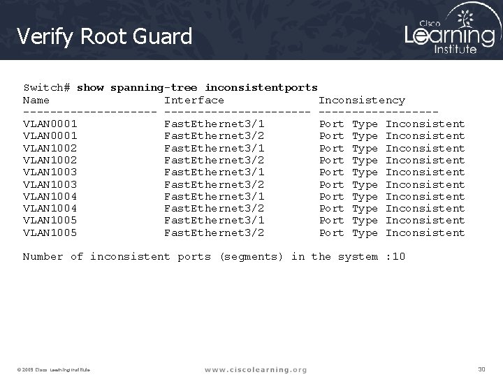 Verify Root Guard Switch# show spanning-tree inconsistentports Name Interface Inconsistency ----------------------VLAN 0001 Fast. Ethernet