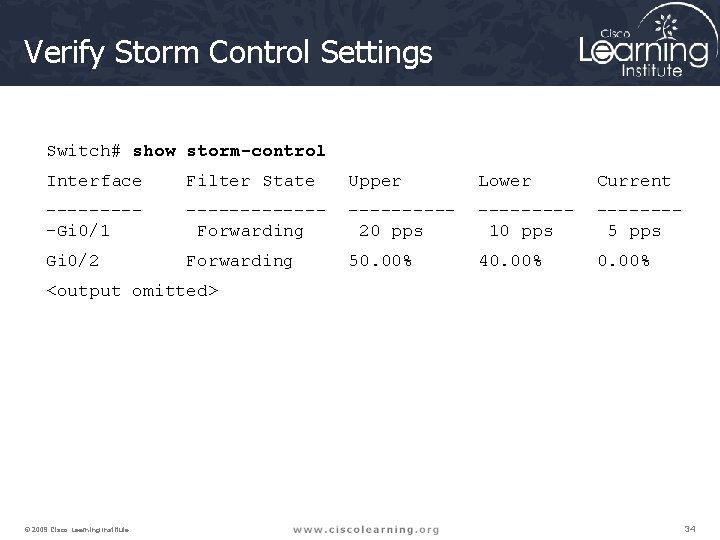 Verify Storm Control Settings Switch# show storm-control Interface Filter State Upper Lower Current -----Gi