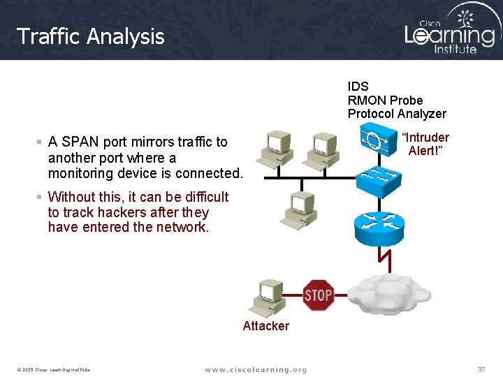 Traffic Analysis IDS RMON Probe Protocol Analyzer § A SPAN port mirrors traffic to