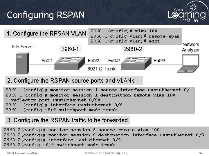 Configuring RSPAN 1. Configure the RPSAN VLAN 2960 -1(config)# vlan 100 2960 -1(config-vlan)# remote-span