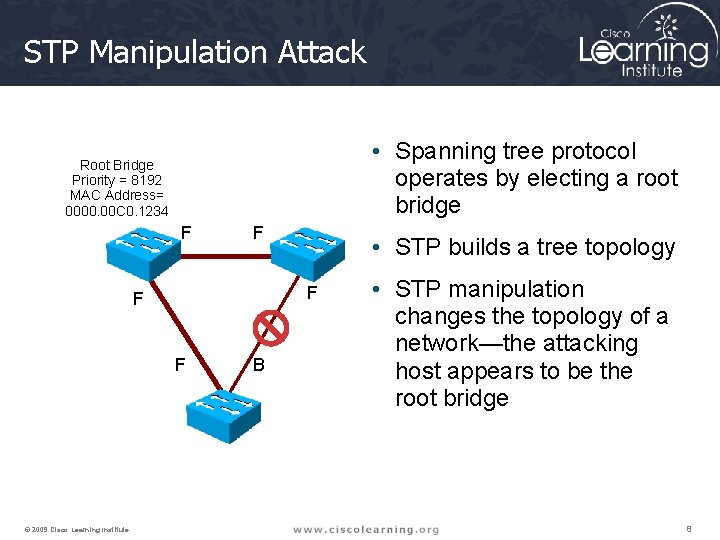 STP Manipulation Attack • Spanning tree protocol operates by electing a root bridge Root