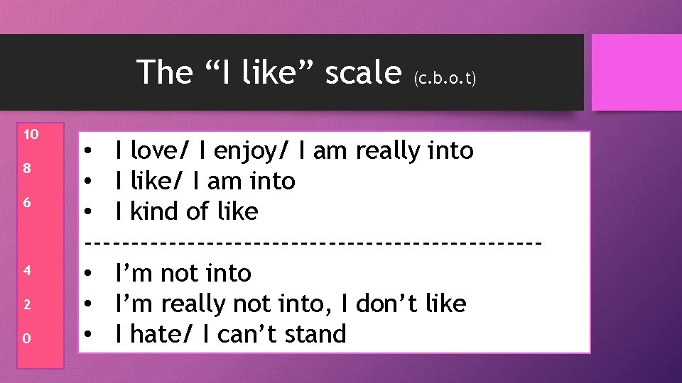 The “I like” scale 10 8 6 4 2 0 (c. b. o. t)