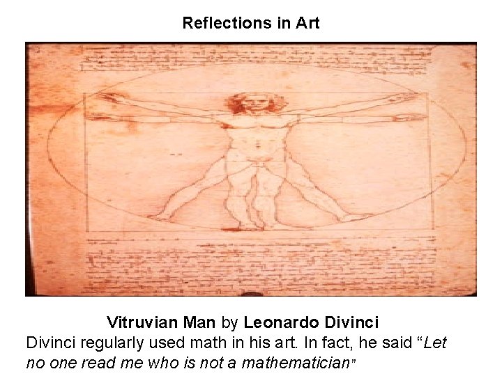 Reflections in Art Vitruvian Man by Leonardo Divinci regularly used math in his art.