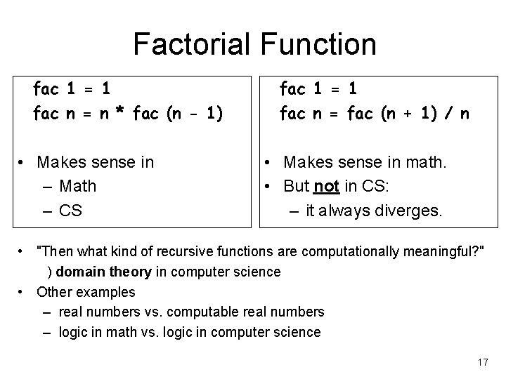 Factorial Function fac 1 = 1 fac n = n * fac (n -