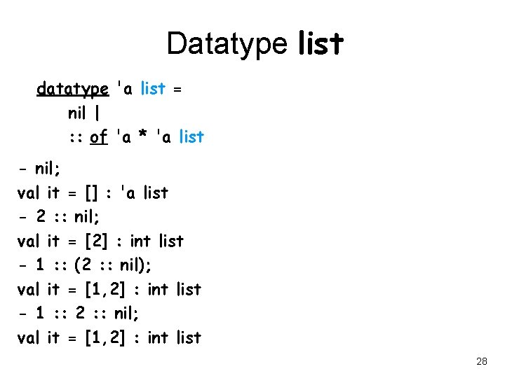 Datatype list datatype 'a list = nil | : : of 'a * 'a