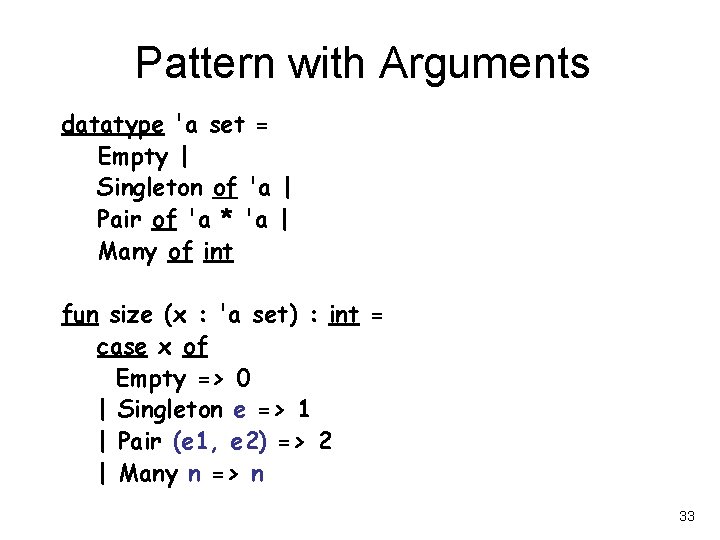 Pattern with Arguments datatype 'a set = Empty | Singleton of 'a | Pair