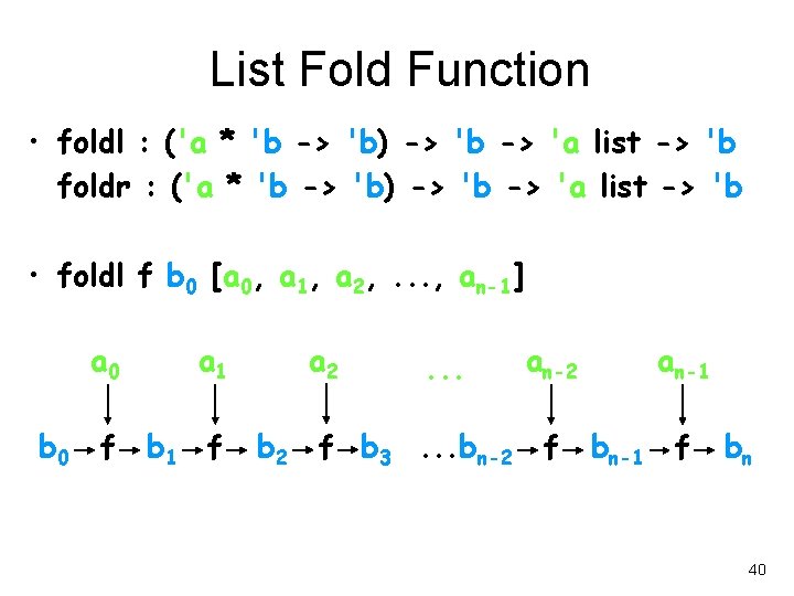 List Fold Function • foldl : ('a * 'b -> 'b) -> 'b ->