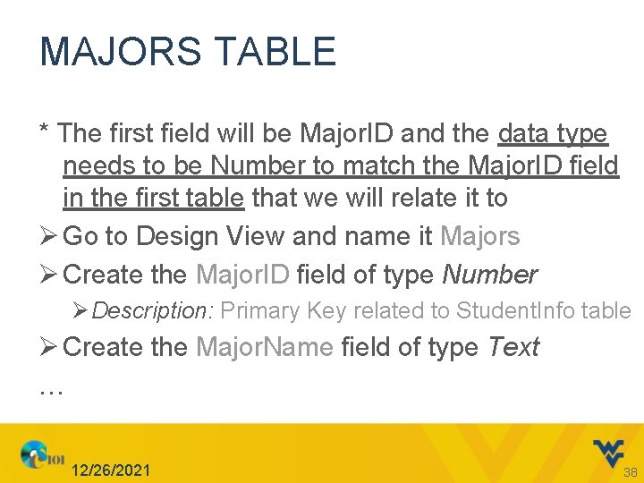 MAJORS TABLE * The first field will be Major. ID and the data type