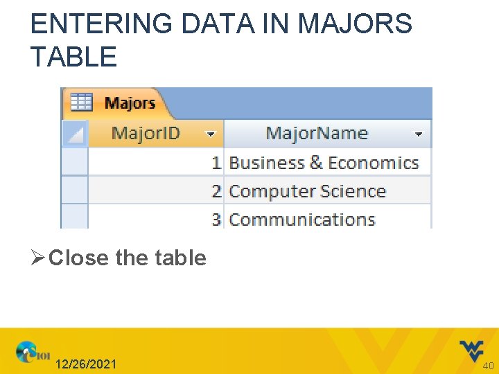 ENTERING DATA IN MAJORS TABLE Ø Close the table 12/26/2021 40 