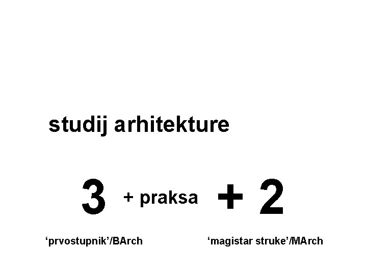 studij arhitekture 3 + praksa ‘prvostupnik’/BArch +2 ‘magistar struke’/MArch 