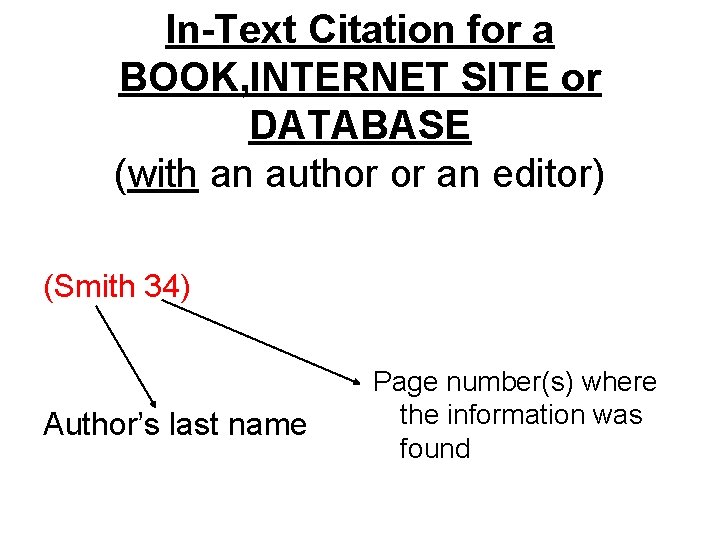 In-Text Citation for a BOOK, INTERNET SITE or DATABASE (with an author or an