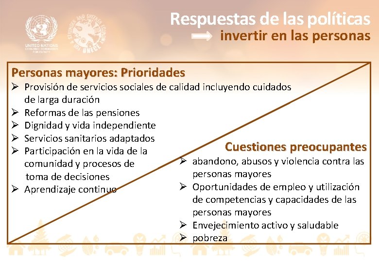 Respuestas de las políticas invertir en las personas Personas mayores: Prioridades Ø Provisión de