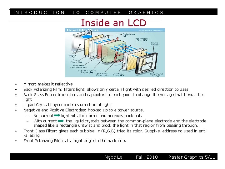 INTRODUCTION TO COMPUTER GRAPHIC S Inside an LCD • • Mirror: makes it reflective