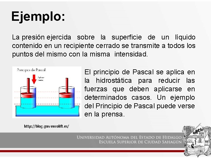 Ejemplo: La presión ejercida sobre la superficie de un líquido contenido en un recipiente
