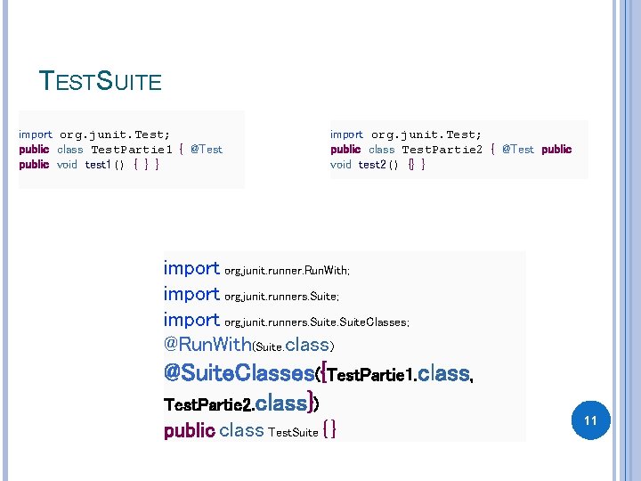 TESTSUITE import org. junit. Test; public class Test. Partie 1 { @Test public void