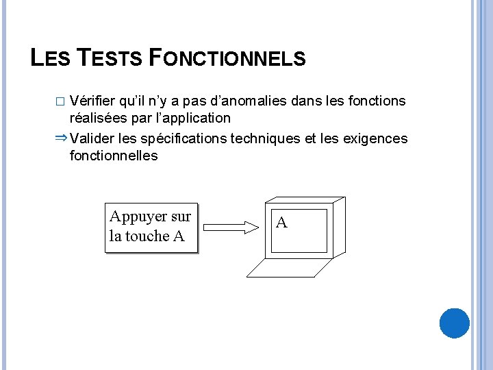 LES TESTS FONCTIONNELS Vérifier qu’il n’y a pas d’anomalies dans les fonctions réalisées par