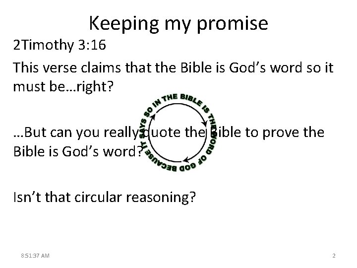 Keeping my promise 2 Timothy 3: 16 This verse claims that the Bible is