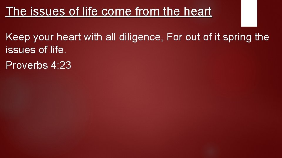 The issues of life come from the heart Keep your heart with all diligence,