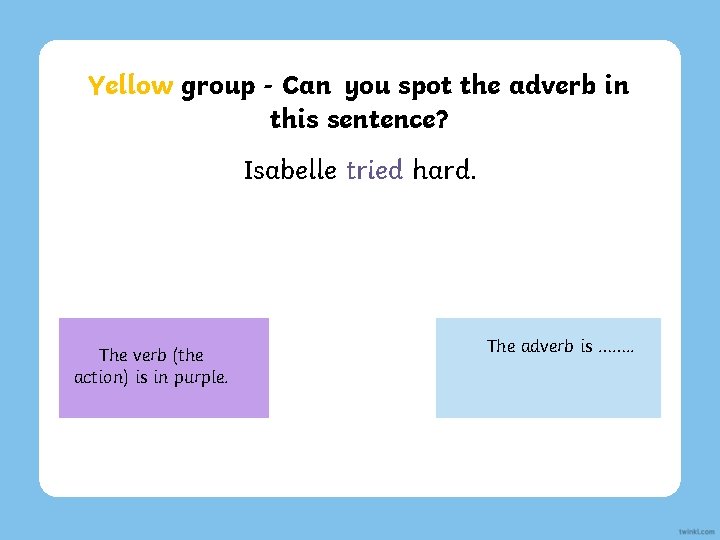 Yellow group - Can you spot the adverb in this sentence? Isabelle tried hard.