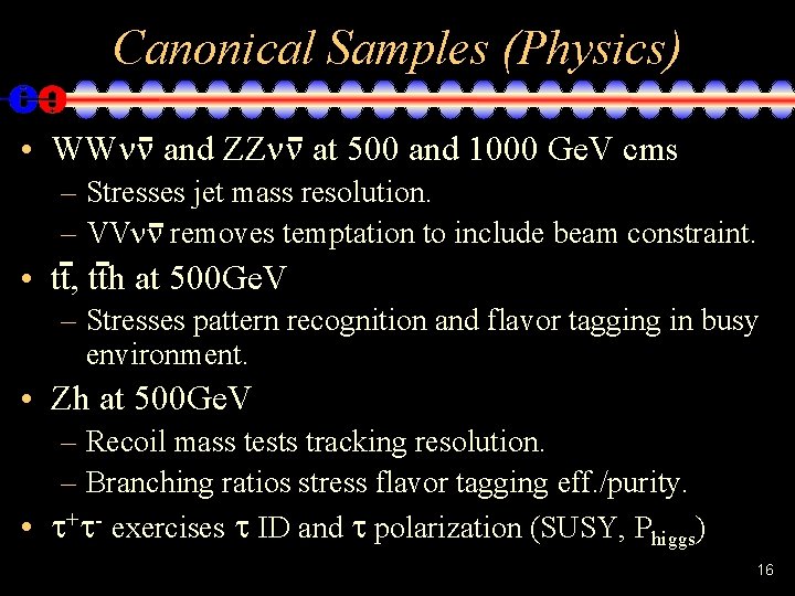 Canonical Samples (Physics) • WW and ZZ at 500 and 1000 Ge. V cms