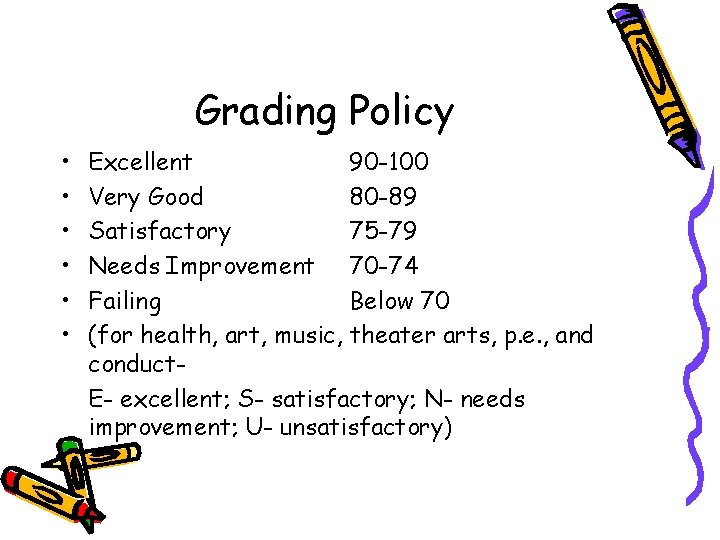 Grading Policy • • • Excellent 90 -100 Very Good 80 -89 Satisfactory 75