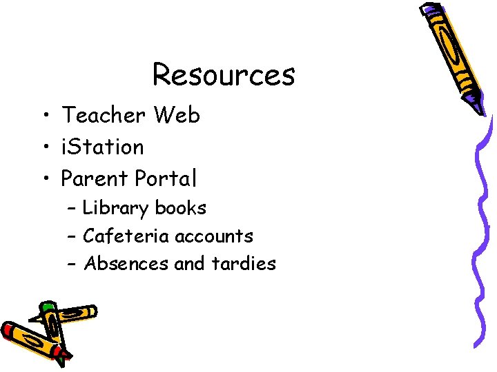 Resources • Teacher Web • i. Station • Parent Portal – Library books –