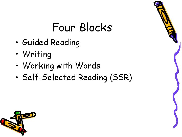 Four Blocks • • Guided Reading Writing Working with Words Self-Selected Reading (SSR) 