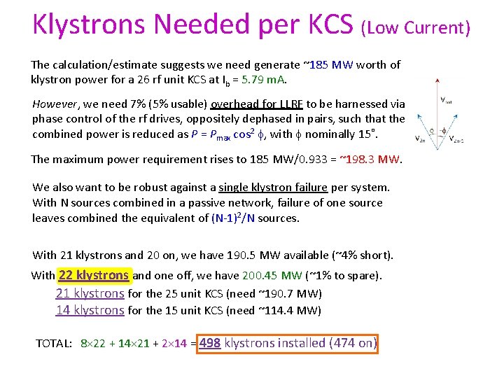 Klystrons Needed per KCS (Low Current) The calculation/estimate suggests we need generate ~185 MW