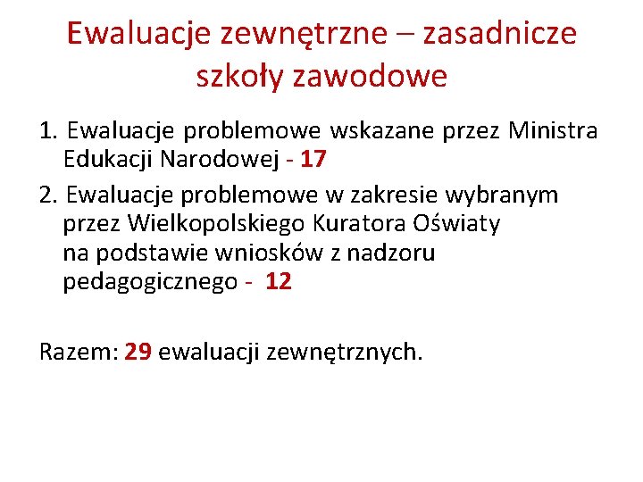 Ewaluacje zewnętrzne – zasadnicze szkoły zawodowe 1. Ewaluacje problemowe wskazane przez Ministra Edukacji Narodowej