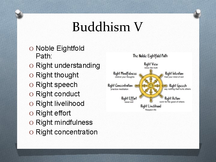 Buddhism V O Noble Eightfold Path: O Right understanding O Right thought O Right