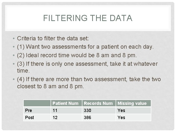 FILTERING THE DATA • • Criteria to filter the data set: (1) Want two