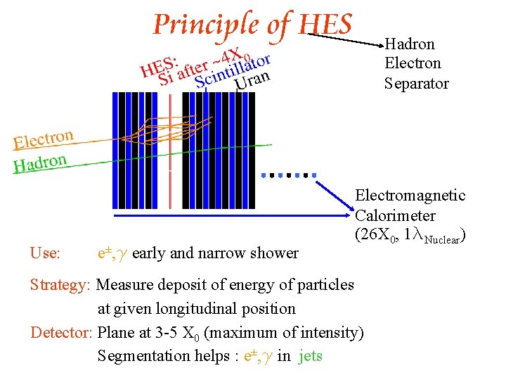 Principle of HES Use: e±, g early and narrow shower Hadron Electron Separator Electromagnetic